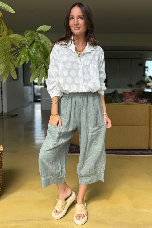 Made in Italy Pure Linen Classic 7/8 Pull On Pant Khaki 